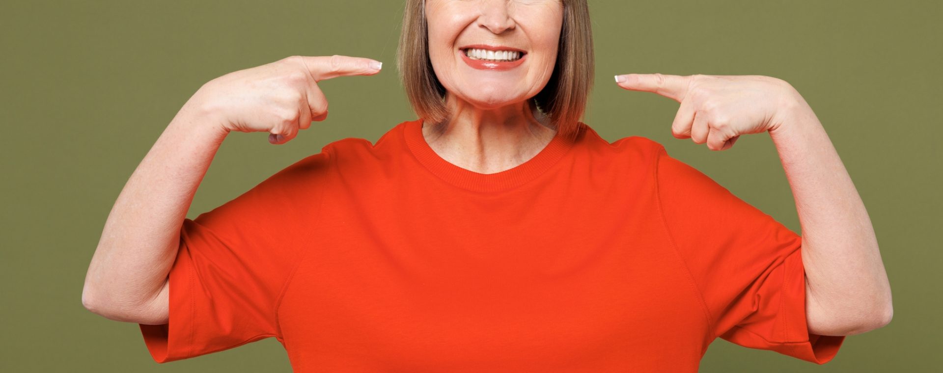 Elderly,Smiling,Blonde,Woman,50s,Years,Old,Wear,Orange,T-shirt