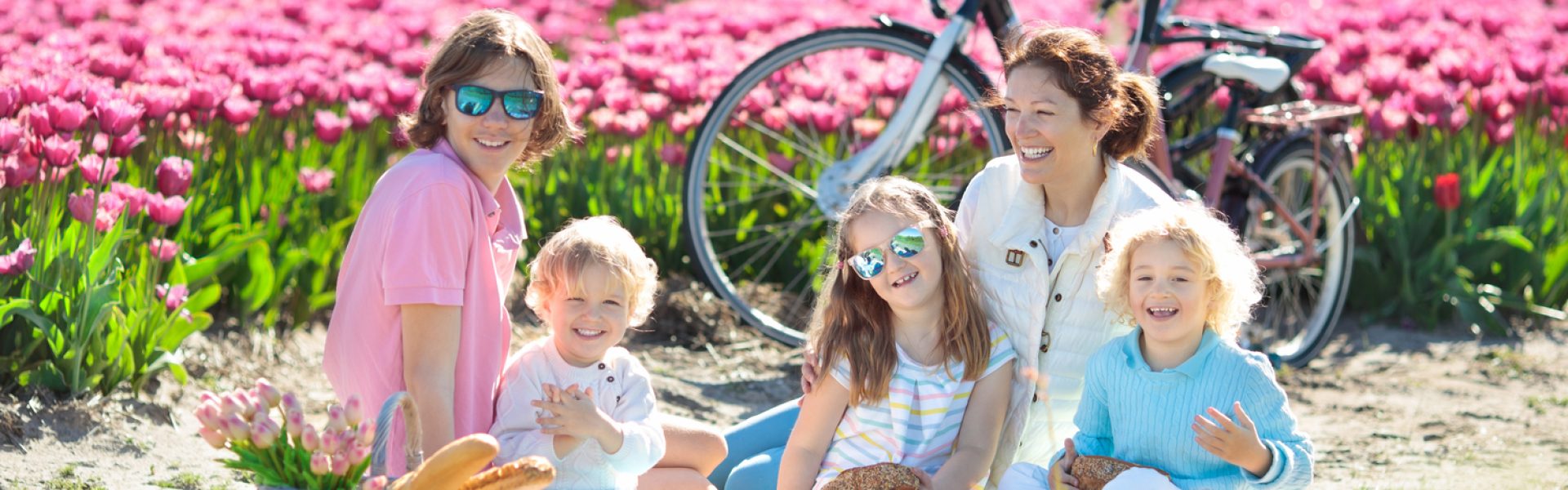 Family,Picnic,At,Tulip,Flowers,Fields,In,Holland.,Young,Mother